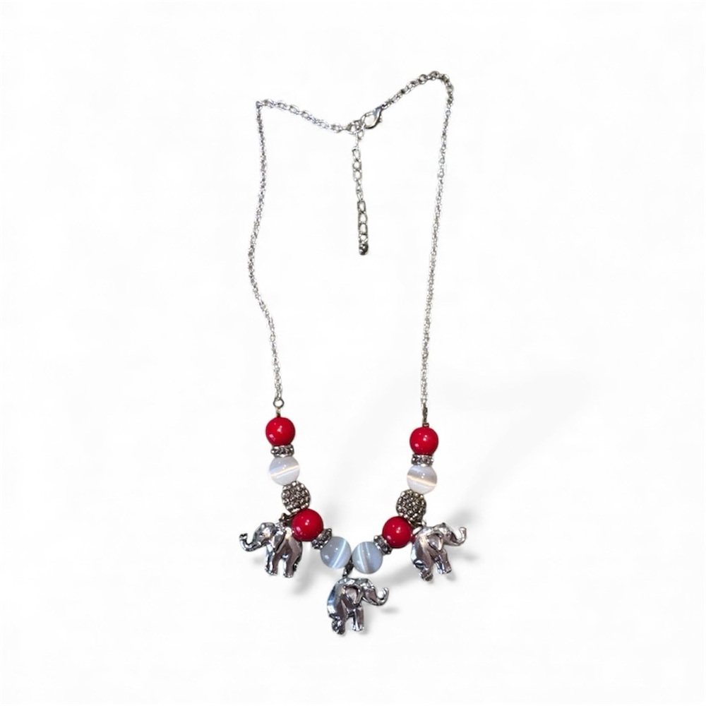 Elephant Charm Necklace with Red and Silver Accents